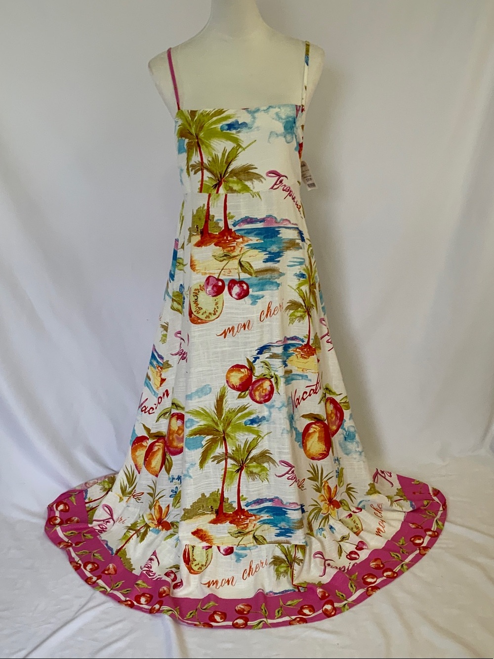 Tropical Palm Print Maxi Dress in White & Pink